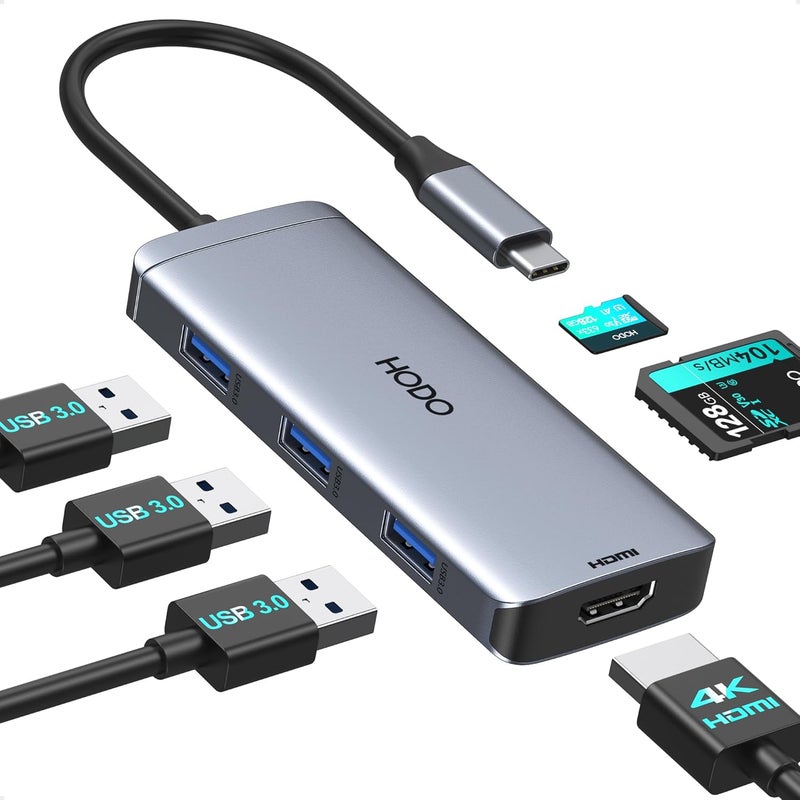 HOdo USB-C Hub Multiport Adapter for MacBook Air/Pro - 6 in 1 HDMI Dongle with 4K, USB 3.0 Ports, SD/TF Card Reader for MacBook m1/m2/m3/m4, Dell XPS, HP, Lenovo, Surface and Other Type-C Devices - Image 1